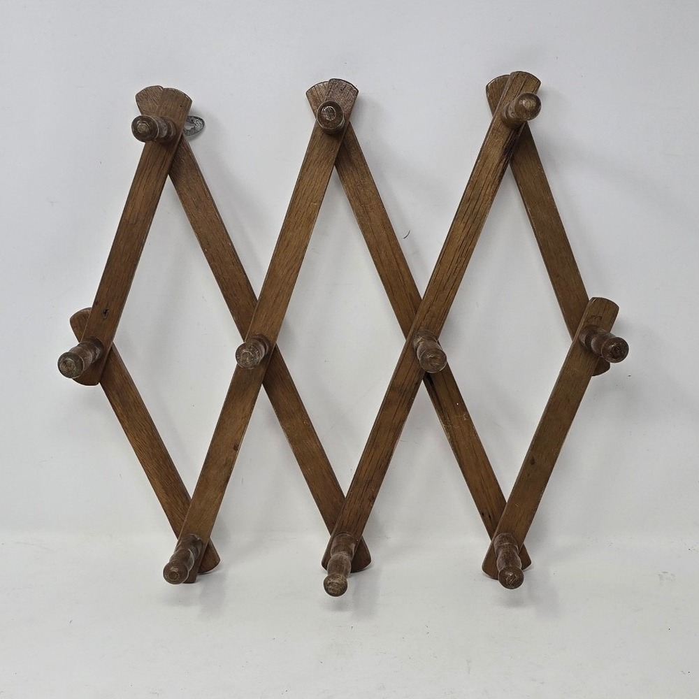 Vtg wooden accordion hanging jewelry holder 10 peg rack